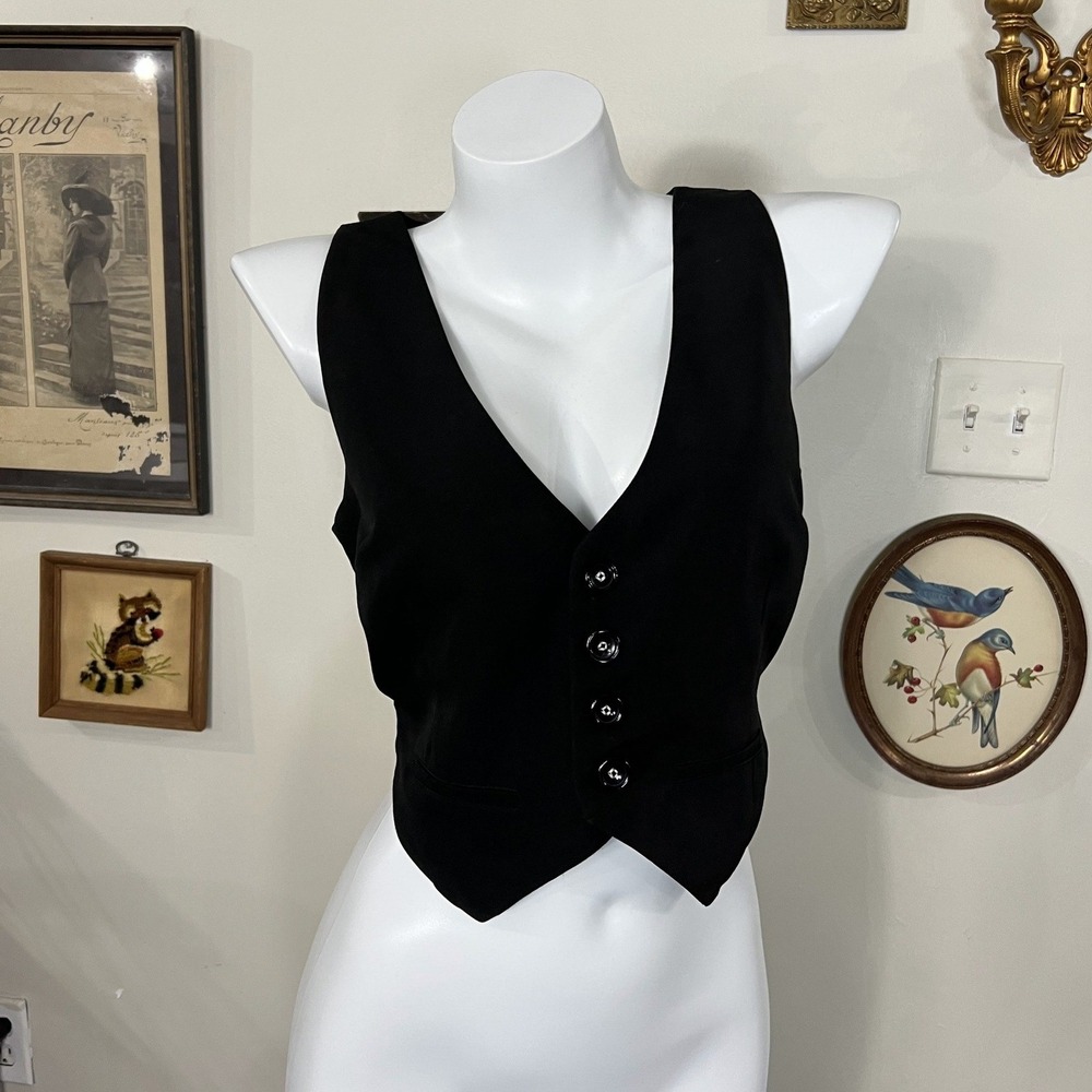 Tiger Mist Black Tailored Vest Cropped Top Open Back Buckle Strap Size M